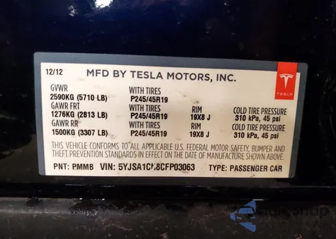 2012 Tesla Model S from USA, damaged, VIN 5YJSA1CN8CFP03063